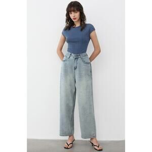 Chicwish Rhinestone Embellished Jeans Wide Leg Baggy Minimalist Relaxed Blue XS